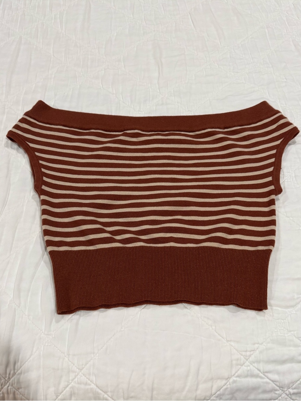 Le Lis Rust and Cream off-the-shoulder Striped Knit Top